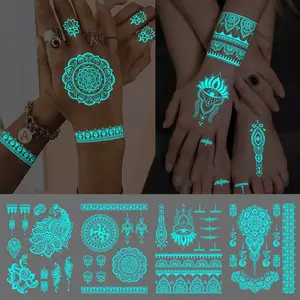 4pcs Blue Luminous Glow In The Dark Waterproof Temporary Tattoo Stickers Hand Mandala Flower Lotus Peacock Feather Evil Eye Tribal Totem Flash Tatto Women Men Arm Body Art Fake Tattoos Henna Stencils