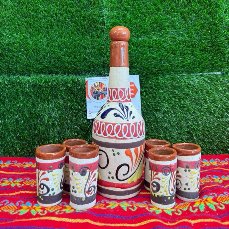 Tequilera Bottle Larga Shots of Engove Marrón Rojo Set.