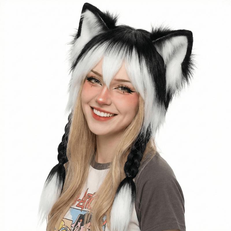 Main Character Energy Faux Fur Animal Ear Hat with Braids Y2K Aesthetic Plush Beanie Kawaii Cosplay Accessory Trendy Gift Idea for Her Christmas Birthday Valentine's Day Anniversary Spring Winter Fall Streetwear Festival Essential Coquette Core Vibes
