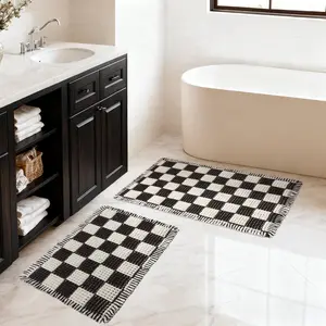 2 count Waffle Bathroom Rugs Checkered Bath Mat Set (17"x24" & 18"x30"), Black and White Weave Bathroom Rugs with Tassels, Non-Slip Quick Dry Shower Mats, Machine Washable -Friendly