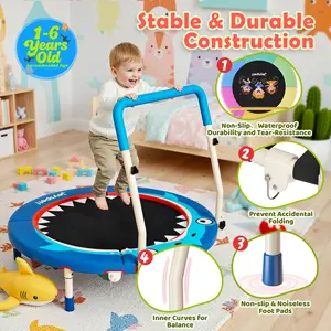 JOY SPOT! 3FT Toddler Trampoline with Adjustable Handlebar, 36" Foldable & Spring-Free, Mini Kids Indoor and Outdoor Fitness Trampoline, Noiseless Jumping Mat, Safe & Sturdy Design, Supports Up to 100 lbs  For Children Ages 1-6