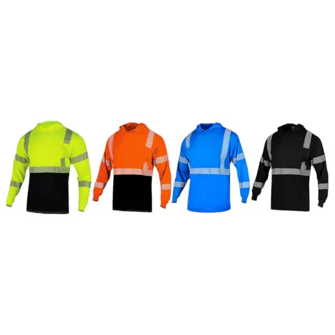 Long-Sleeve Hooded Polyester Mesh Breathable Hi-Vis Shirt - Hot-Print Reflectors, Industrial Work Safety Equipment, Construction Workwear Vest Uniform