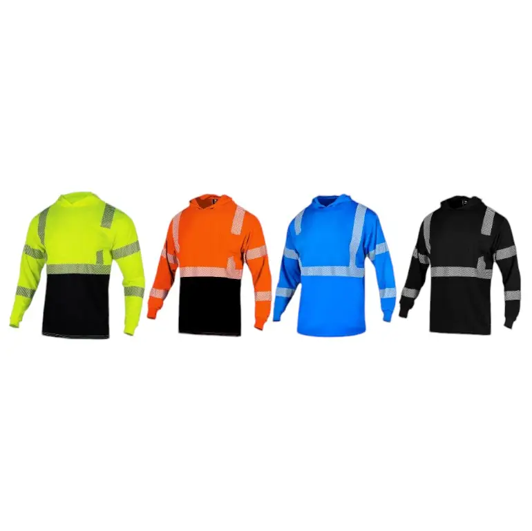 Long Sleeves Hooded Safety Shirts With Hot Print Reflectors Fabric Menswear Mesh Breathable Clothing Polyester Uniforms Workwear