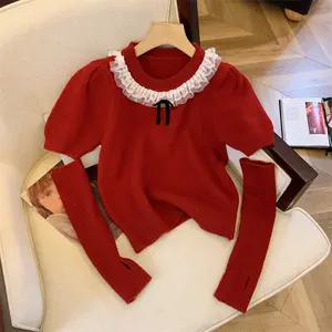 No.1 New High-Quality High-End Wool Women's Winter Red Sweater Detachable Oversleeves Broken Sleeves Knitted Bottoming Shirt Knitwear Womenswear glass cleaner incandescent christmas lights Tops Round Neck Minimalist Comfort Long Sleeve Basic Crewneck