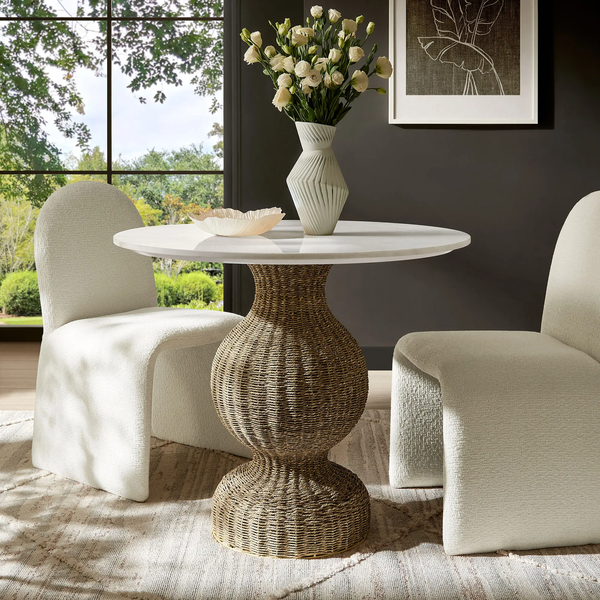 Zale 36" Marble and Seagrass Dining Table in White Natural