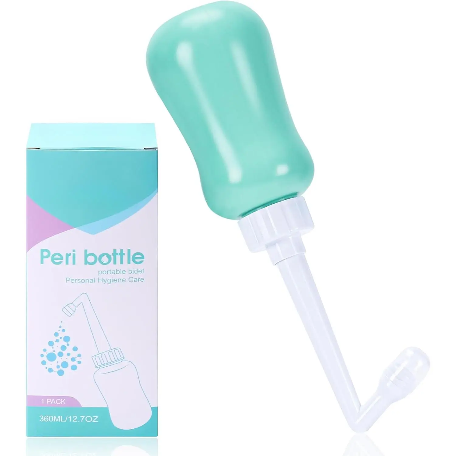 Portable Peri Bottle for Postpartum Cleansing, 12.7 oz Upside-Down Bottle with Retractable Angled Spout for New Moms, Includes Waterproof Travel Bag, Large Reusable Bottle