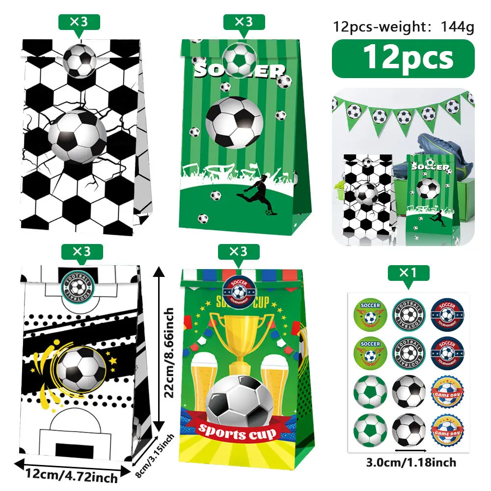 12 Pack Soccer Party Favor Bags with Matching Stickers, Sports Theme Goodie Bags for Candy, Treats, Toys and Small Gifts, Kids Birthday Party Supplies, Game Day Decorations, Team Celebration Accessories and Party Favors
