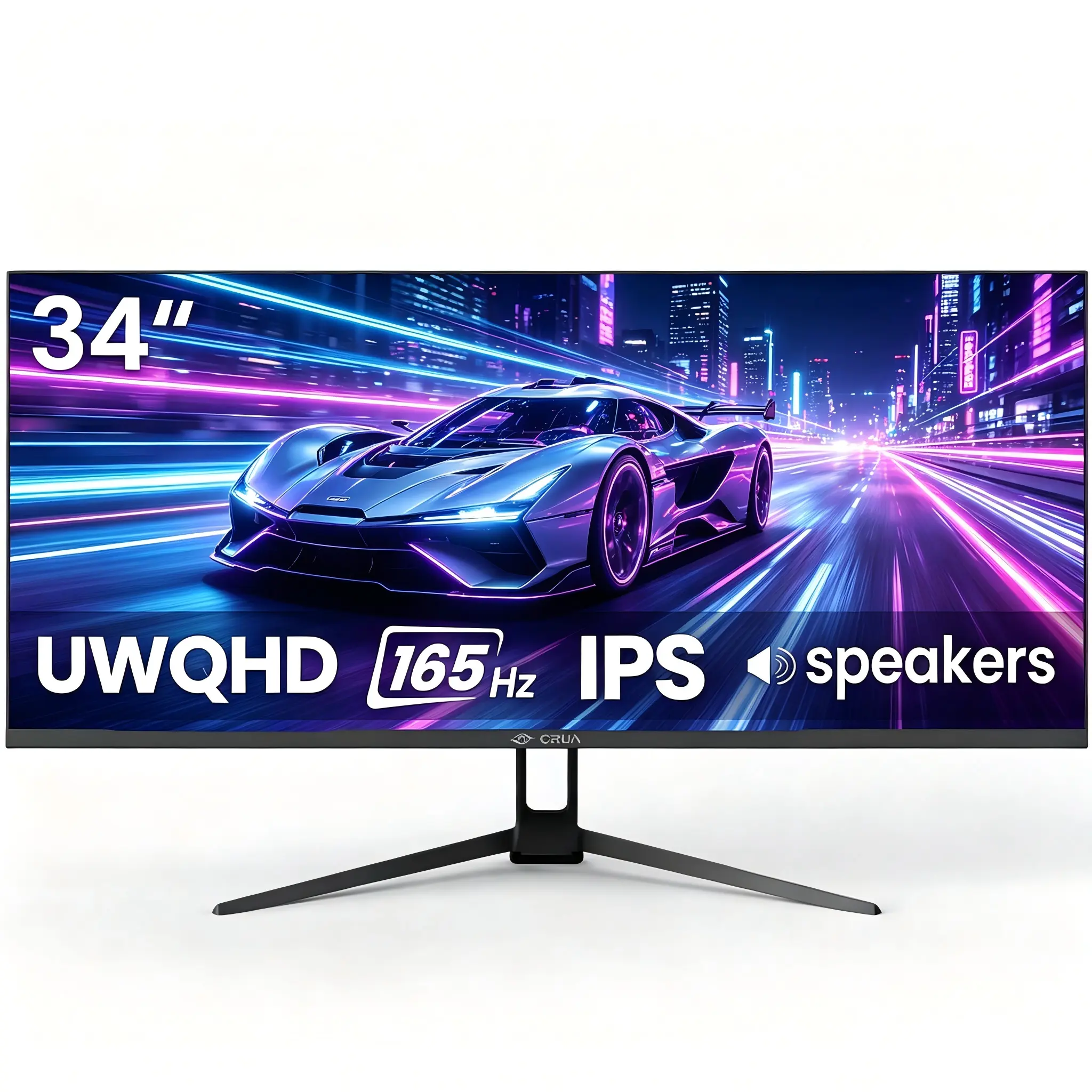 CRUA 34 Inch 21:9 Ultrawide Gaming Monitor, UWQHD 3440x1440 IPS 165Hz, Built‑in Speakers PIP/PBP FreeSync, 120% sRGB HDMI 2.0 DP 1.4, Tilt 75x75 VESA for Gaming Trading Streaming Office