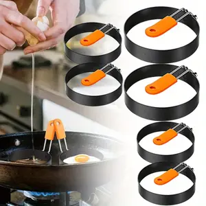 6 Pcs Professional Egg Ring Pancake Ring Set,Stainless Steel Fried Egg Molds,Griddle Pancake Shapers with Orange Silicone Handle for Breakfast Omelette Sandwich(4,6 Inch),Kitchen Utensils Nonstick gadgets
