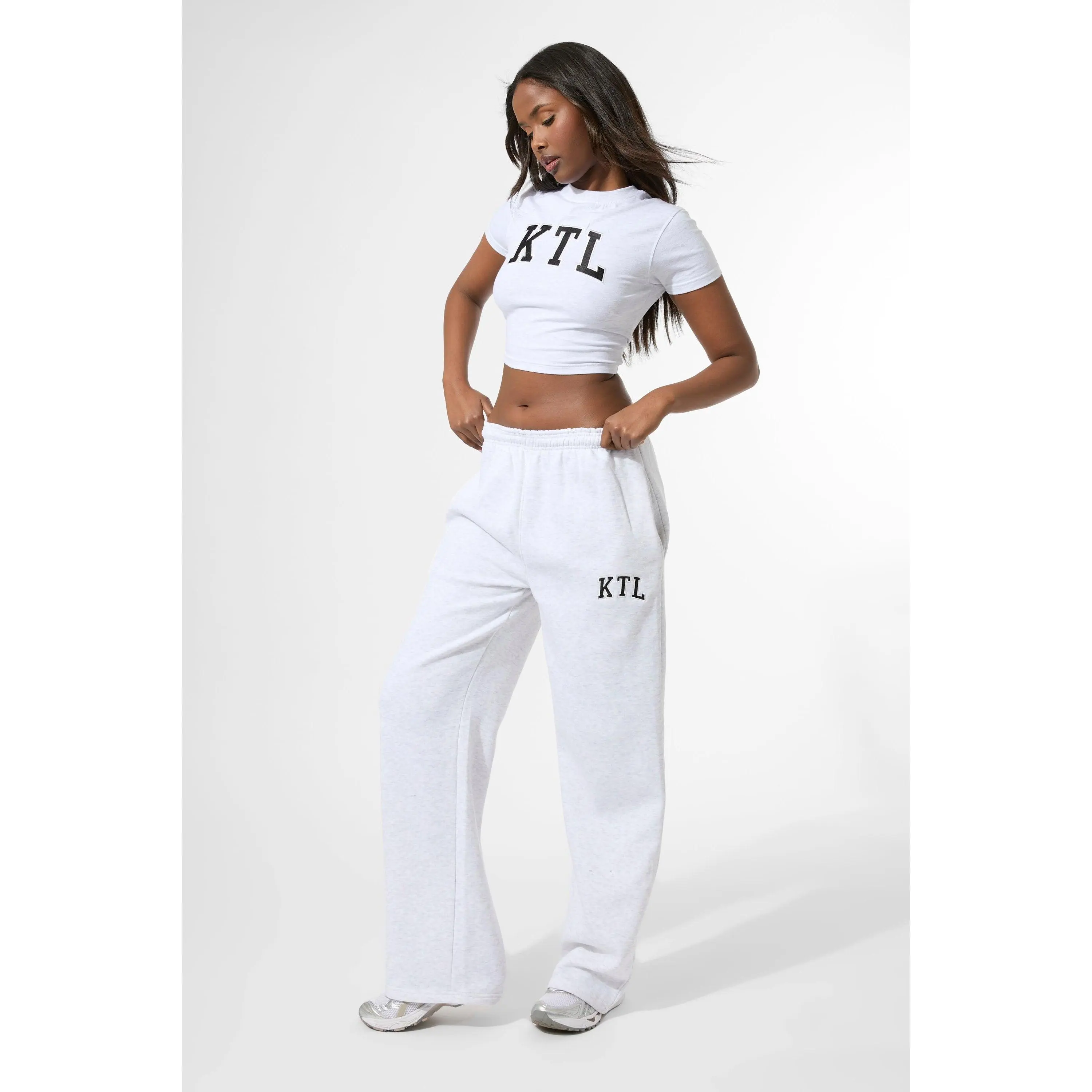 Kaiia KTL Logo Wide Leg Joggers Light Grey Marl