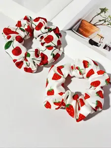 2pcs Fruit Print Hair Scrunchies, Cherry & Strawberry Patterns, Soft Lightweight Elastic Hair Ties for Women & Girls, Perfect for Daily Use, Cherry and Strawberry Prints, Elastic Tie Band