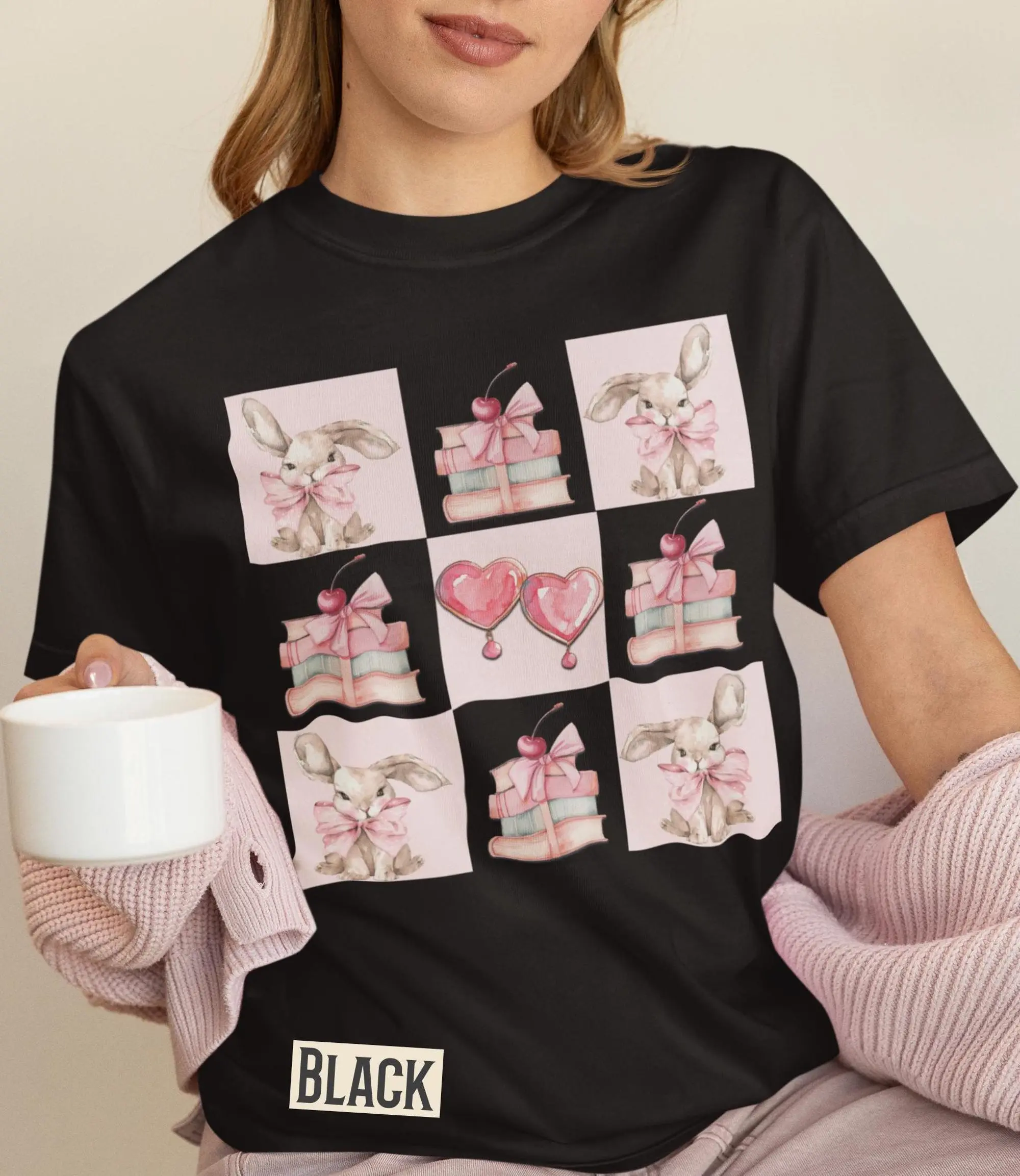 Hearts Easter Bunny Bookish Coquette Comfort Color® Pink Bow Pattern Tee - Girly Cherry Aesthetic Princesscore - Girlfriend Teacher Gift