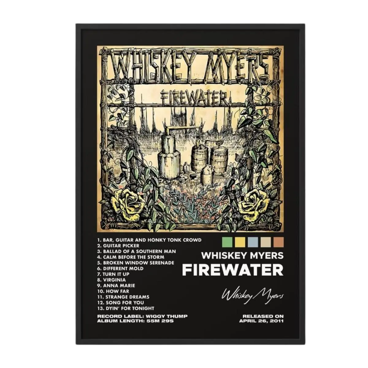 Whiskey Myers Firewater Album Canvas Wall Art, Retro Southern Rock Country Music Tracklist Poster Print, Rustic Man Cave Decor Unframed Canvas Poster, Frame Not Included Wall Art Decoration Artistic