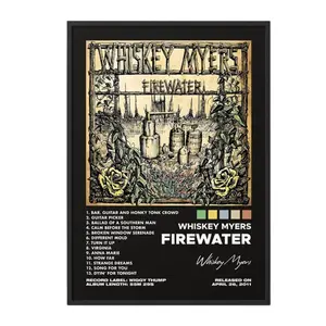 Whiskey Myers Firewater Album Canvas Wall Art, Retro Southern Rock Country Music Tracklist Poster Print, Rustic Man Cave Decor Unframed Canvas Poster, Frame Not Included Wall Art Decoration Artistic