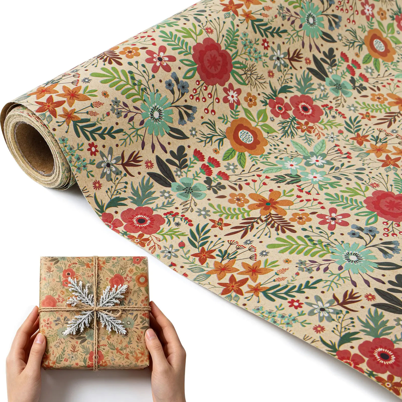 16.4Ft Wild Flower Kraft Wrapping Paper - Vintage Floral Wrapping Paper Roll,Christmas Kraft Wrapping Paper,Gift Packing for Women Birthdays Weddings Party Decor