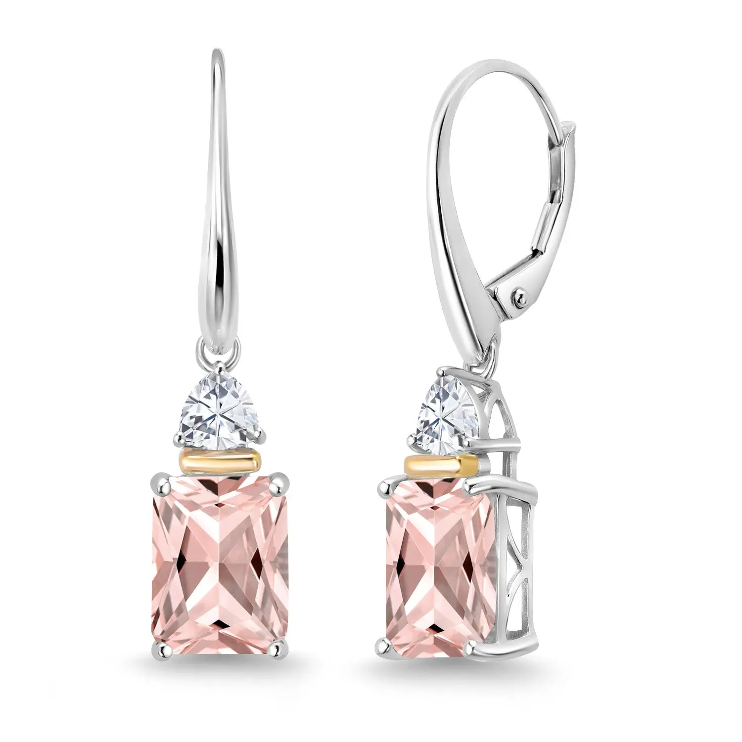 Gem Stone King Women's Hypoallergenic Lightweight 925 Sterling Silver & 10 Karat Yellow Gold Peach Nano Morganite & White Moissanite Statement Dangling Earrings (4.46 Cttw, 9X7MM Octagon Cut, 4MM Trillion Cut, Unique Shining Earrings)