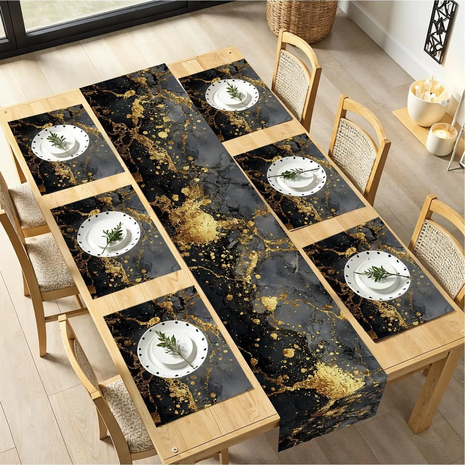 2D flat printing, 1 piece/2 pieces/4 pieces/6 pieces/8 pieces/5 pieces set/7 pieces set marble tablecloth and placemat, Dining Table Mats, black and white marble with gold vein design, elegant dining table decoration