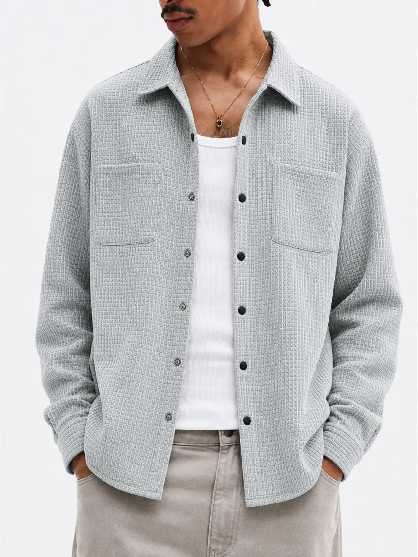 Men's Waffle Knit Shirt Jacket for Spring Fall Layering – Relaxed Fit Dual Chest Pockets, Snap Front Shacket with Curved Hem