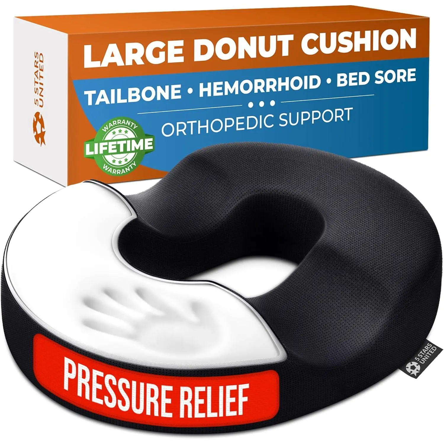 Large Cushioned Fabric Donut Pillow for Tailbone & Back Pain Relief - Ergonomic Seat for Sciatica, Hemorrhoids, Pressure Sores & Pregnancy, Black, Seat Cushion, Round Donut