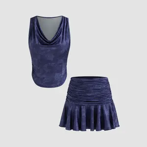 Cider [size 2-10] Cowl Neck Abstract Ruched Crop Tank Top & Low Rise Ruched Ruffle Mini Skirt Set