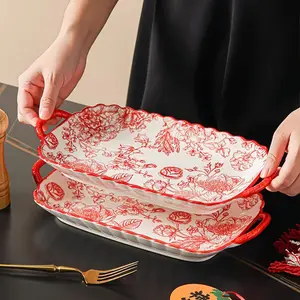 2/4 pieces of 12 inch ceramic fish plates, sushi plates, red rose pattern, simple and high-end, easy to hold with double ear handles without buming hands, can steam fish, serve dishes, microwave safe, machine washable