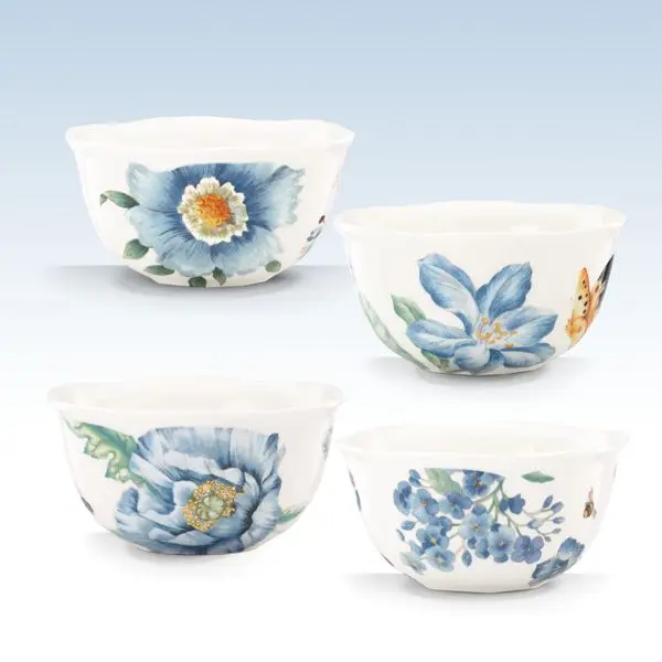 Lenox 833415 Butterfly MDW Blue Fine Porcelain Tableware Set - 4-Piece 12oz Round Dessert Bowls, Dishwasher-Safe, Microwave-Safe (Kitchenware)