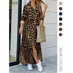 Women's Leopard Print Button Front Flap Pocket Shirt Dress, Casual Curved Hem Long Sleeve Collared Long Dress for Daily Wear, Ladies Clothes for All Seasons, Womenswear, Casual Dresses