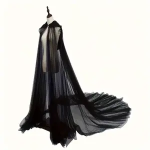 Elegant Women's Vintage Hooded Cloak - Sheer Mesh Cape with Flowing Design, Available in Black Red White, Perfect for Halloween and Themed Events