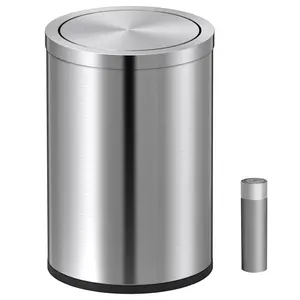Small trash can with swing lid 24 gallons9 liter mini trash can with lid stainless steel cylindrical garbage can for home and office for ground and desktopbrushed silver