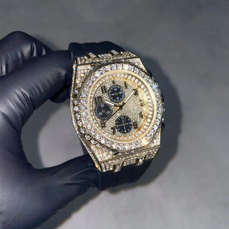 MaxBling81 Men's Luxury Rhinestone Decorated Quartz Watch - 42mm Round Face, Iced Rapper Hip Hop Design, Black Silicone Wristband, Water-Resistant Analog Trendy Fashion Watch, Rhinestone Decorated Watch