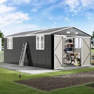 【Ships in 3 Boxes】AMERLIFE Galvanized Steel Storage Shed with 2 4-Pane Windows Hinged Double Doors, Outdoor Shed for Backyard, Garden, Patio, Dark Grey/White
