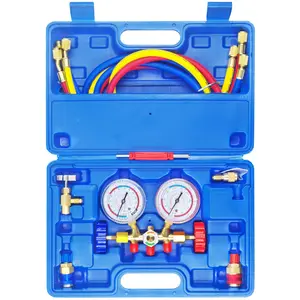 JIFETOR 3 Way AC Manifold Gauge Set for Auto Household R404A R134A Refrigerant, Quick Couplers, Can Tap Adapter Valve Core Tool, 5FT Hose