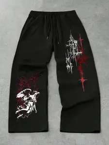 Men's Casual Sporty Long Pants, Angel Cross Geometric Print, Drawstring Wide Leg, Loose Fit, All Seasons Wear, Men's Fashion, Athleisure Style Bottoms