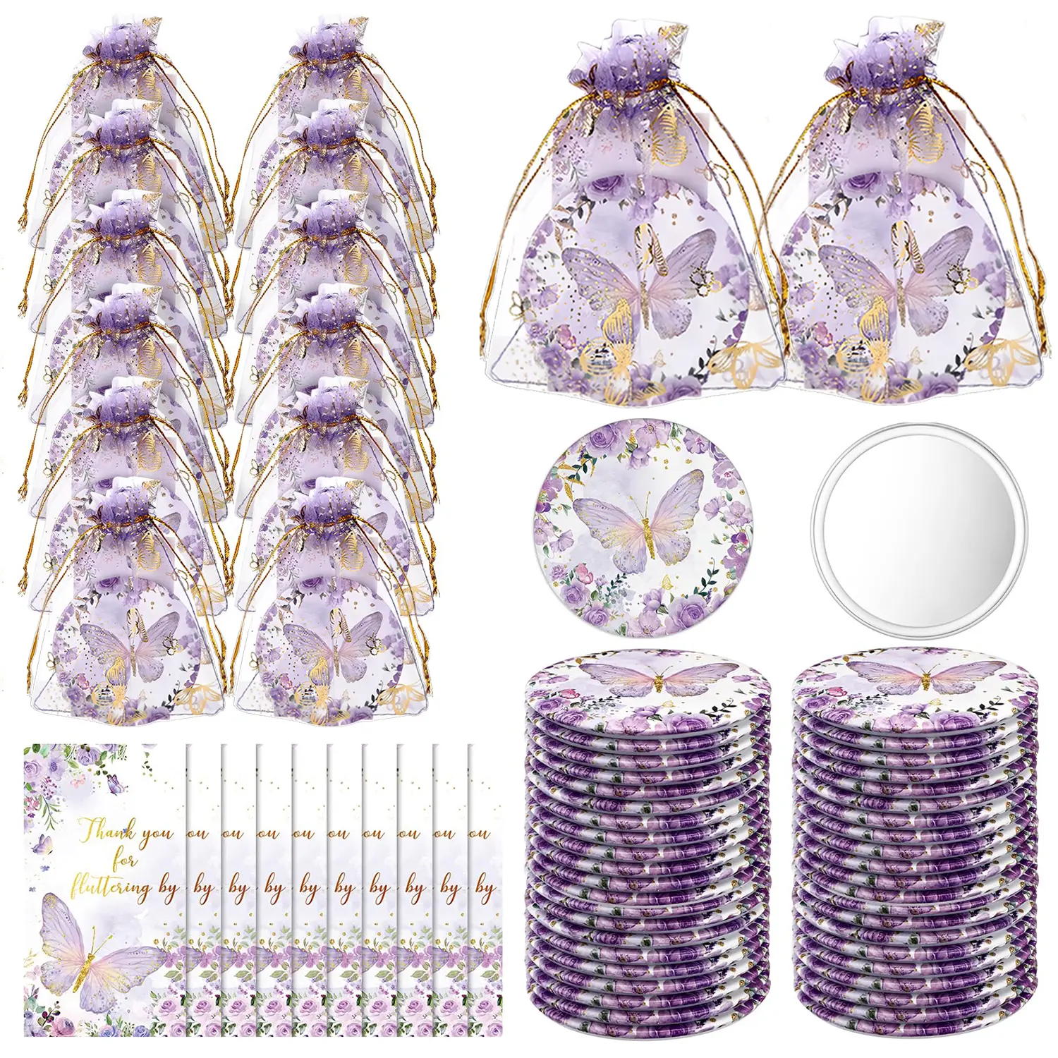 20 Set Butterfly Baby Shower Party Favors, Butterfly Compact Pocket Mirrors and Thank You Cards Gifts Bulk for guests Bridal Shower Wedding Gender Reveal Party(Purple)