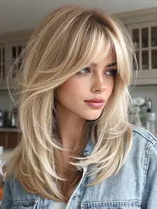 16 Inch Gold Straight Wig with Bangs, Heat Resistant Fiber, Natural Look, Suitable for Daily Use, Casual Wear, Special Occasions