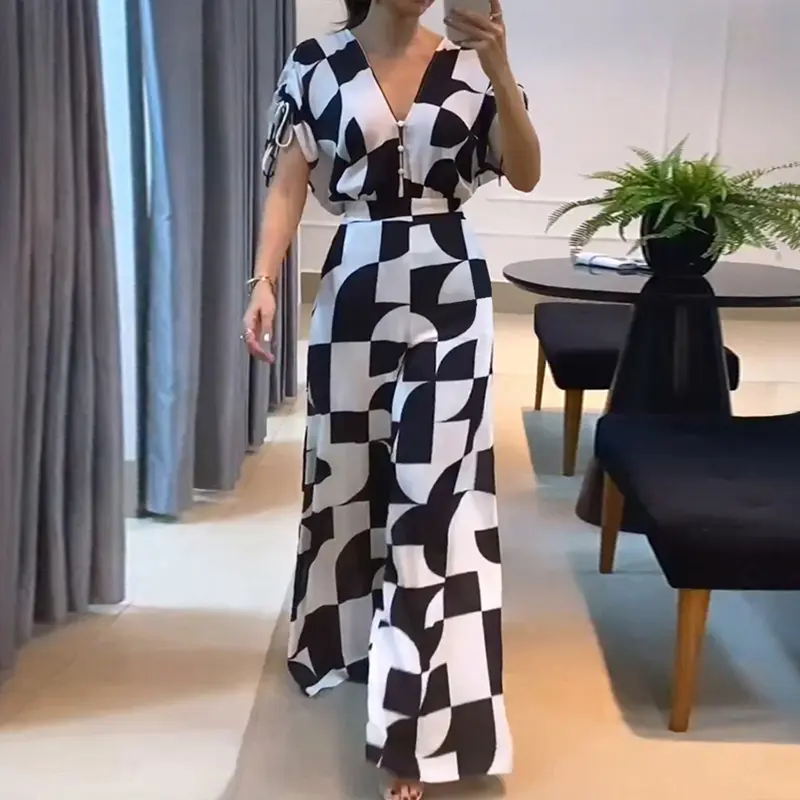 CHICME Women's Geometric Print V-Neck Short Sleeve Zipper Jumpsuit Fit Casual