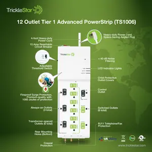 TrickleStar 12 Outlet Tier 1 Advanced PowerStrip TS1006 with Heavy-duty Power Cord & Adjustable Switches No Warranty