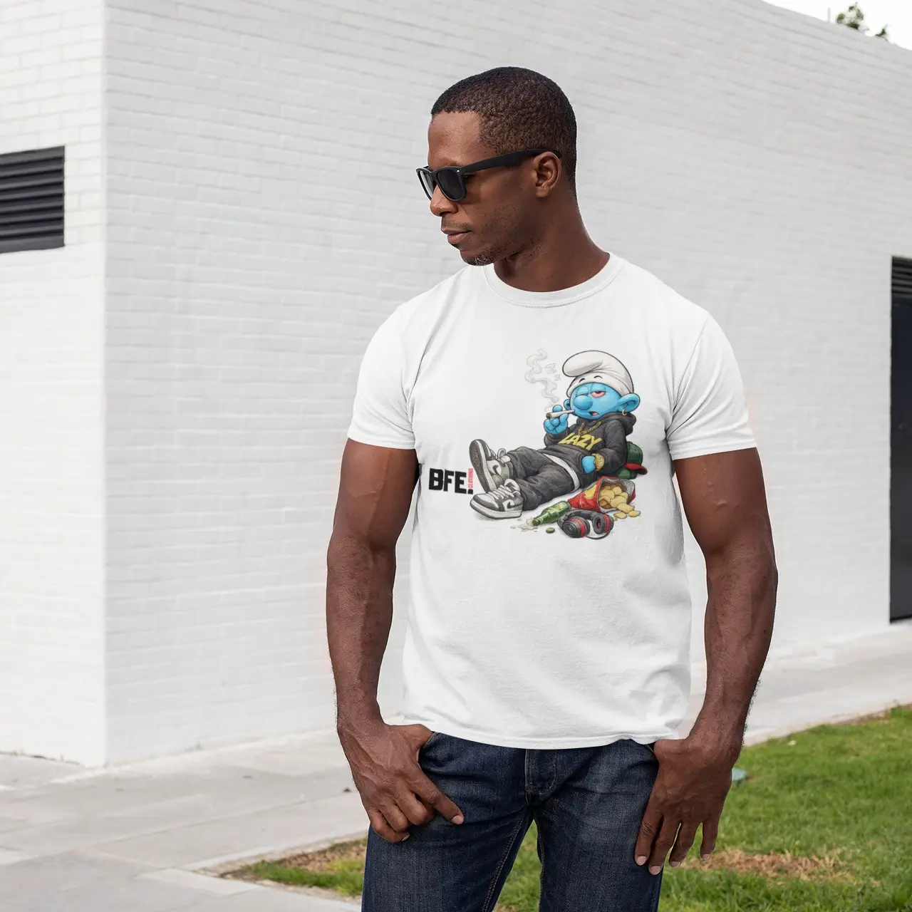 Men's BFE Exclusive Lazy Smurf 4/20 Graphic Short-Sleeve Round Neck T-Shirt - Casual Streetwear Top, Menswear Essential
