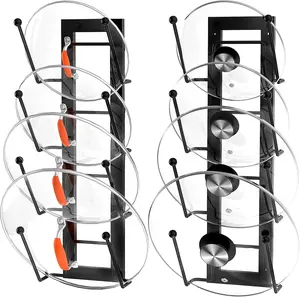 8 Layers of Adjustable Pot Lid Organizer Rack for Cabinet Door/Wall，2Pack Lid Organizer Pots and Pans Holder for Kitchen Storage with No Drilling Adhesive 5.7 W“(Black)