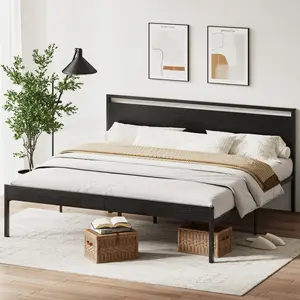 Full Size Metal Platform Bed Frame with Wooden Headboard and Footboard, Mattress Foundation, No Box Spring Needed, Large Under Bed Storage, Non-Slip Without Noise
