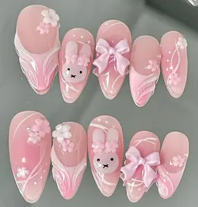Adorable Pink Bunny Press On Nails with 3D Flowers and Bows, Handmade Kawaii Nail Art, cute pink nail sets, Wedding Nails, easter day nails