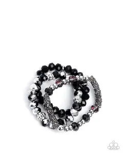 Faceted Fusion - Black Smoky Crystal Silver Stretchy Bracelet Stack - Paparazzi