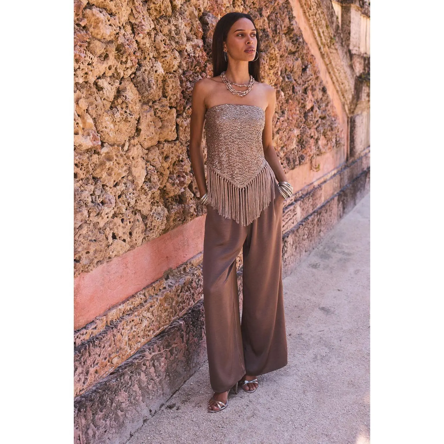 Clear Breeze Taupe Satin Pants