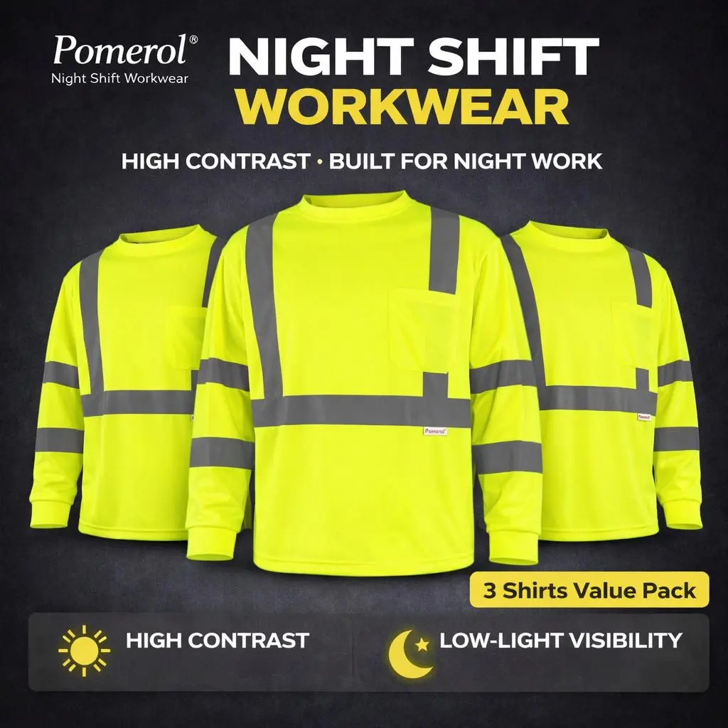 Pomerol Men's High Visibility Long Sleeve Work Shirt – Breathable Lightweight Fabric with Pocket, Reflective Strips for Construction, Warehouse, Outdoor & Night Safety, Neon Yellow, 1/3-Pack