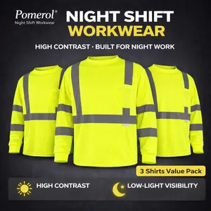 Pomerol Men's High Visibility Long Sleeve Work Shirt – Breathable Lightweight Fabric with Pocket, Reflective Strips for Construction, Warehouse, Outdoor & Night Safety, Neon Yellow, 1/3-Pack