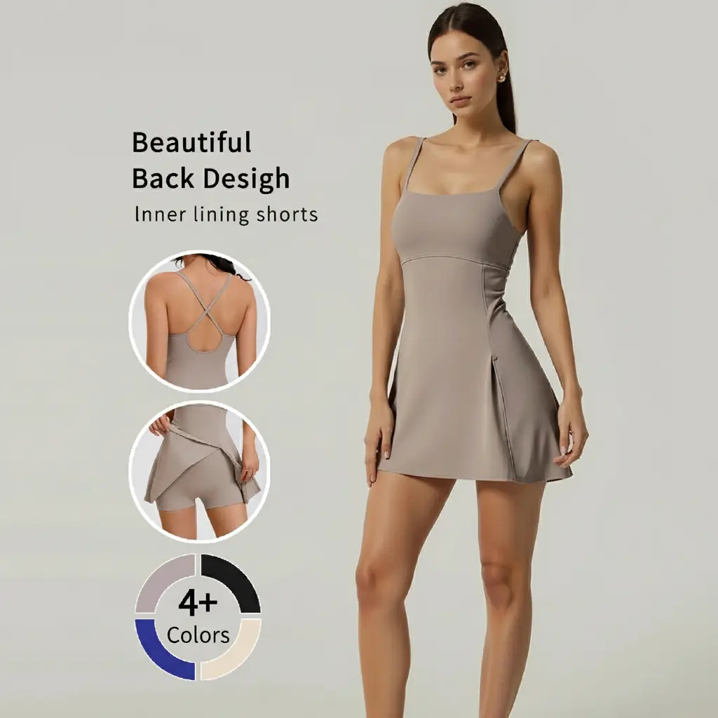 Hooyaus Women's Backless Tennis Dress with Spaghetti Straps – Square Neck, Side Slit Athletic Golf Dress for Workouts & Gym Sessions