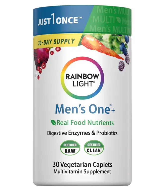 Rainbow Light Mens Multivitamin One + | 30 Caplets | Real Food Nutrients, Digestive Enzymes & Probiotics Rainbow Light Mens Multivitamin One + | 30 Caplets | Real Food Nutrients, Digestive Enzymes & Probiotics