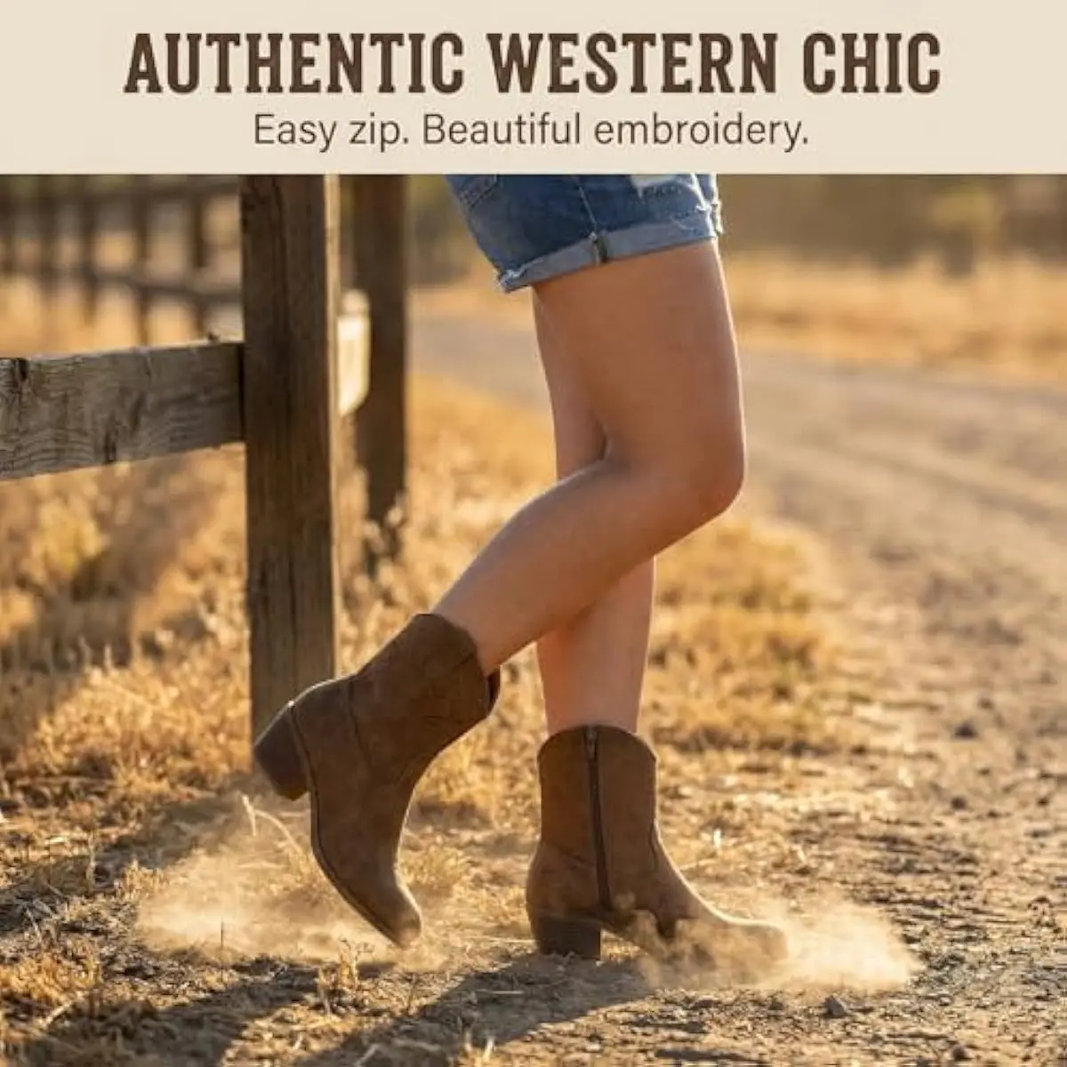 Womens Western Short Cowboy Boots, Cowgirl Ankle Boots with Embroidered Design and Side Zipper, Rugged, Breathable, Versatile, Classic, Lightweight, Soft, Durable, Trendy, Casual, Fashion