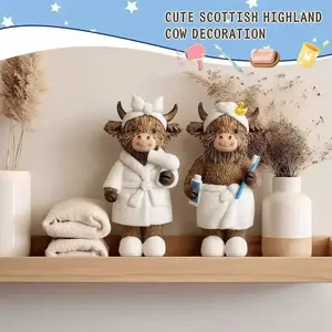 Cute Highland Cow Resin Figurines Set of 2, Bathroom Home Decor, Couple Creative Craft, Cream Style Ornament, Decorative Home Ornament, Trendy Cross-Border Bestseller