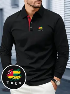 Men's Togo Print Long-Sleeve Polo Shirt, Soft & Breathable Fabric, Comfortable for All Seasons, Fashionable & Versatile, Suitable for Business Gatherings, Outdoor Sports & Daily Wear, Men's Casual & Business Collared Shirt